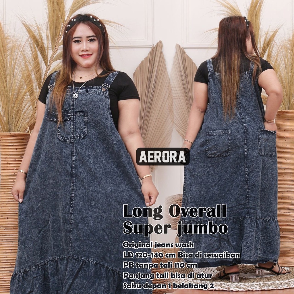 Baju Kodok Overall Dress Jeans Wanita Jumbo Motif Polos Ld 120-140 Long Overall Jumbo Allsize