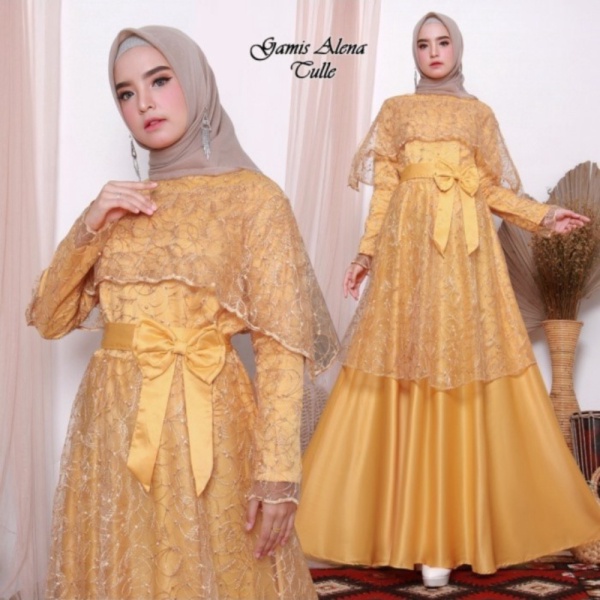 Unik gamis nayla tulle~gamis lebaran~gamis wanita~fashion wanita - gold M Berkualitas