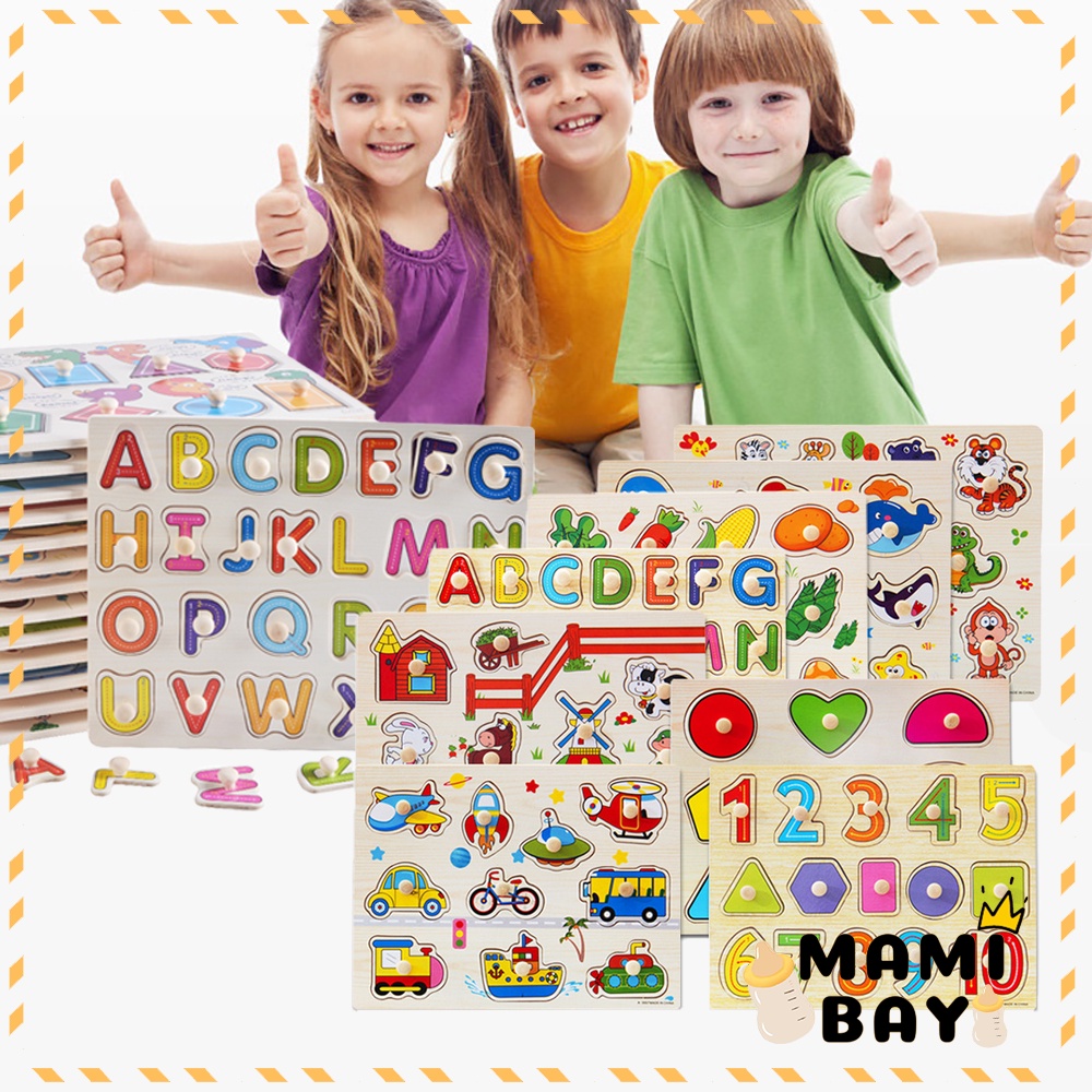 Mamibayi Mainan kayu edukasi anak/Puzzle Kayu Knob/123/ABC/Hewan