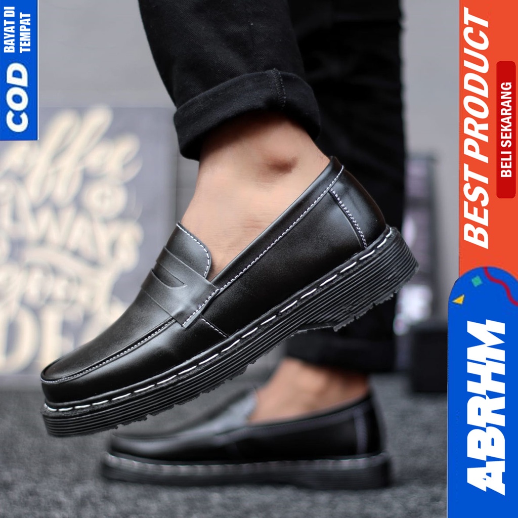 ABRHM Sepatu Loafers Pantofel Formal Docmart Kerja Pria Hitam