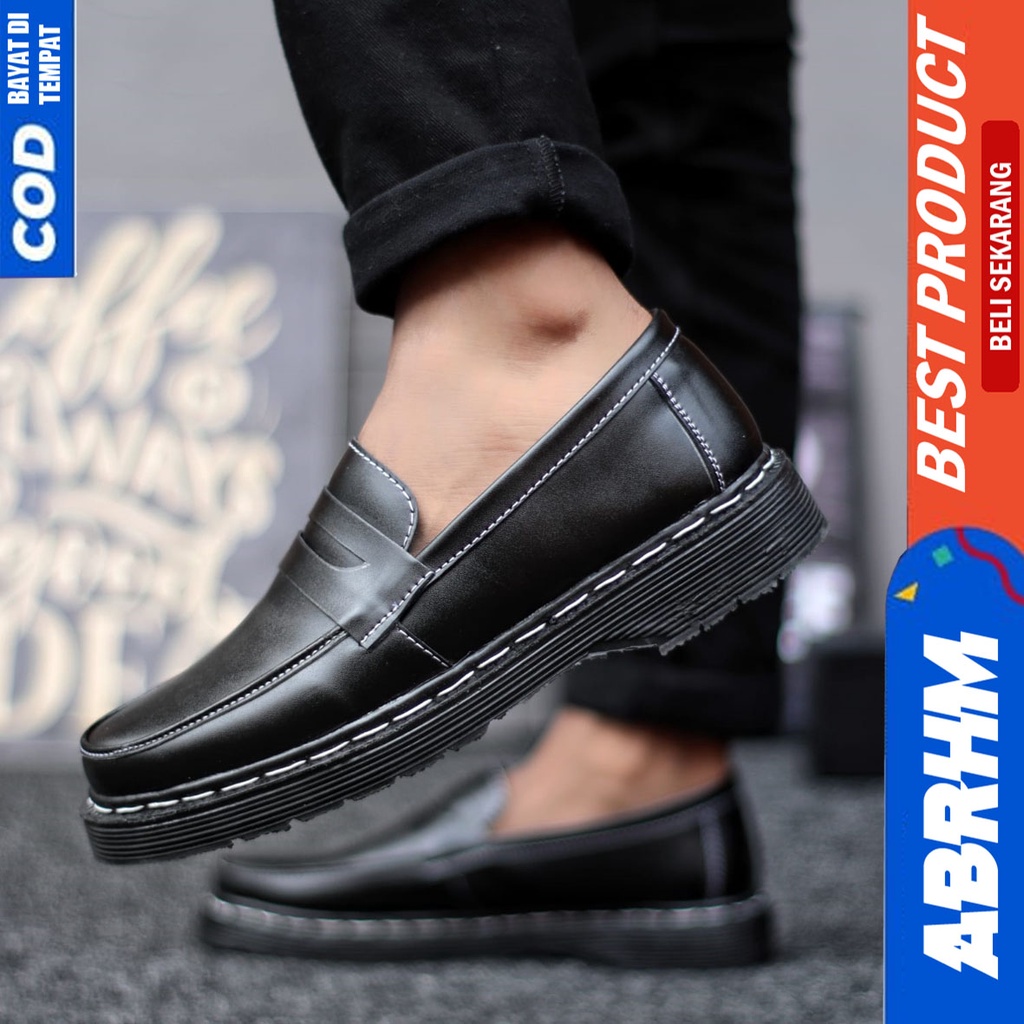 Sepatu Loafers Pantofel Formal Docmart Kerja Pria Hitam Abrhm Bernard