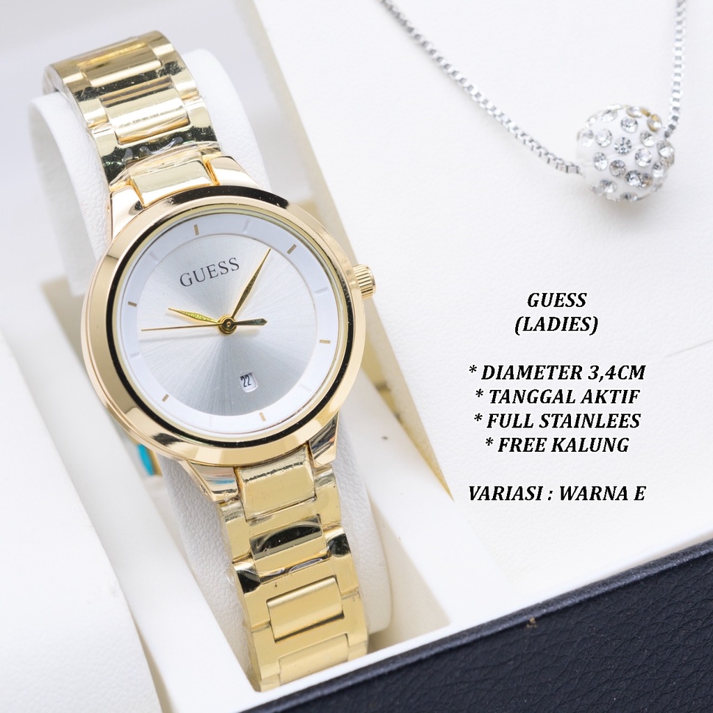 (BISA COD) JAM TANGAN WANITA GUESS HR-0003 FULL STAINLEES TANGGAL AKTIF FREE KALUNG