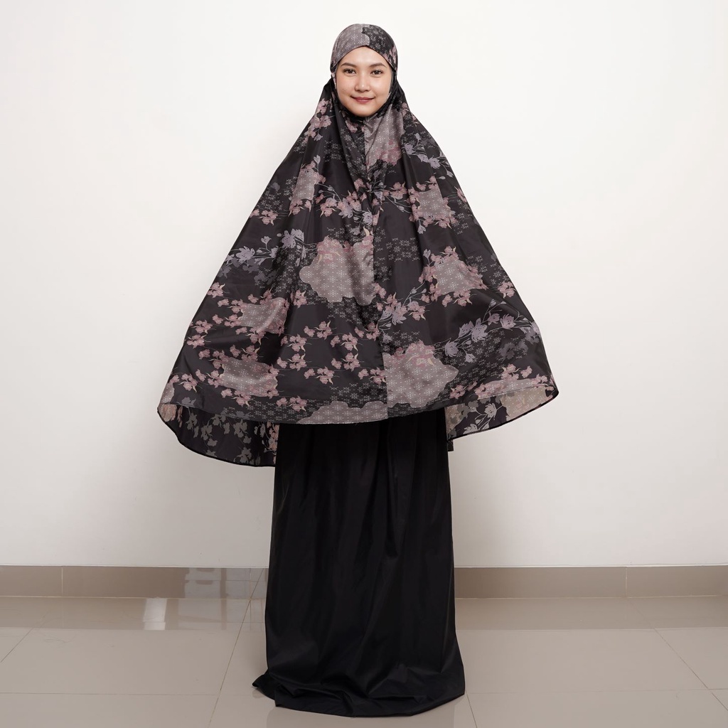 ALIF MUKENA MINI MOTIF PARASUT PREMIUM KOREA TRAVEL - DAISY IN BLACK ( MKN-211 )