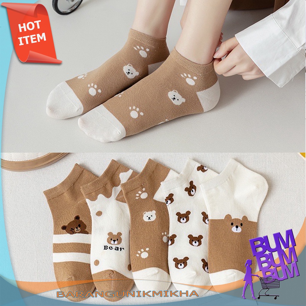 Kaos Kaki BEAR BROWN Wanita Kaos Kaki Pendek Anak Lucu Motif Fashion Socks Aesthetic Design - BUM