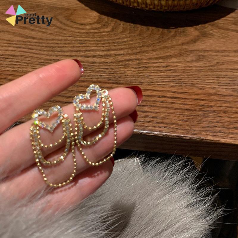 Anting rumbai Korea Rhinestone Berbentuk Hati Earrings Anting Tindik Perhiasan Wanita Fashion Murah Hadiah Perhiasan - PD