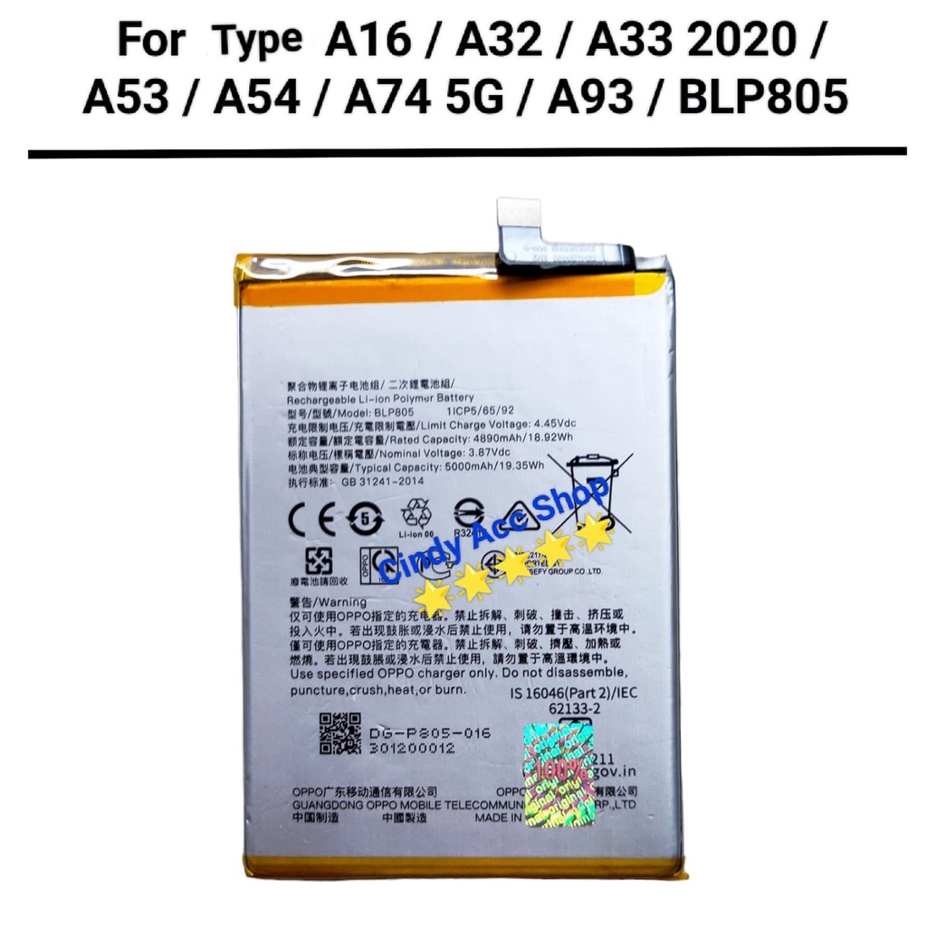 Baterai Oppo A16 A32 A33 2020 A53 A53S A54 A54S A74 5G A93 BLP805 Batre Original Battery Bat