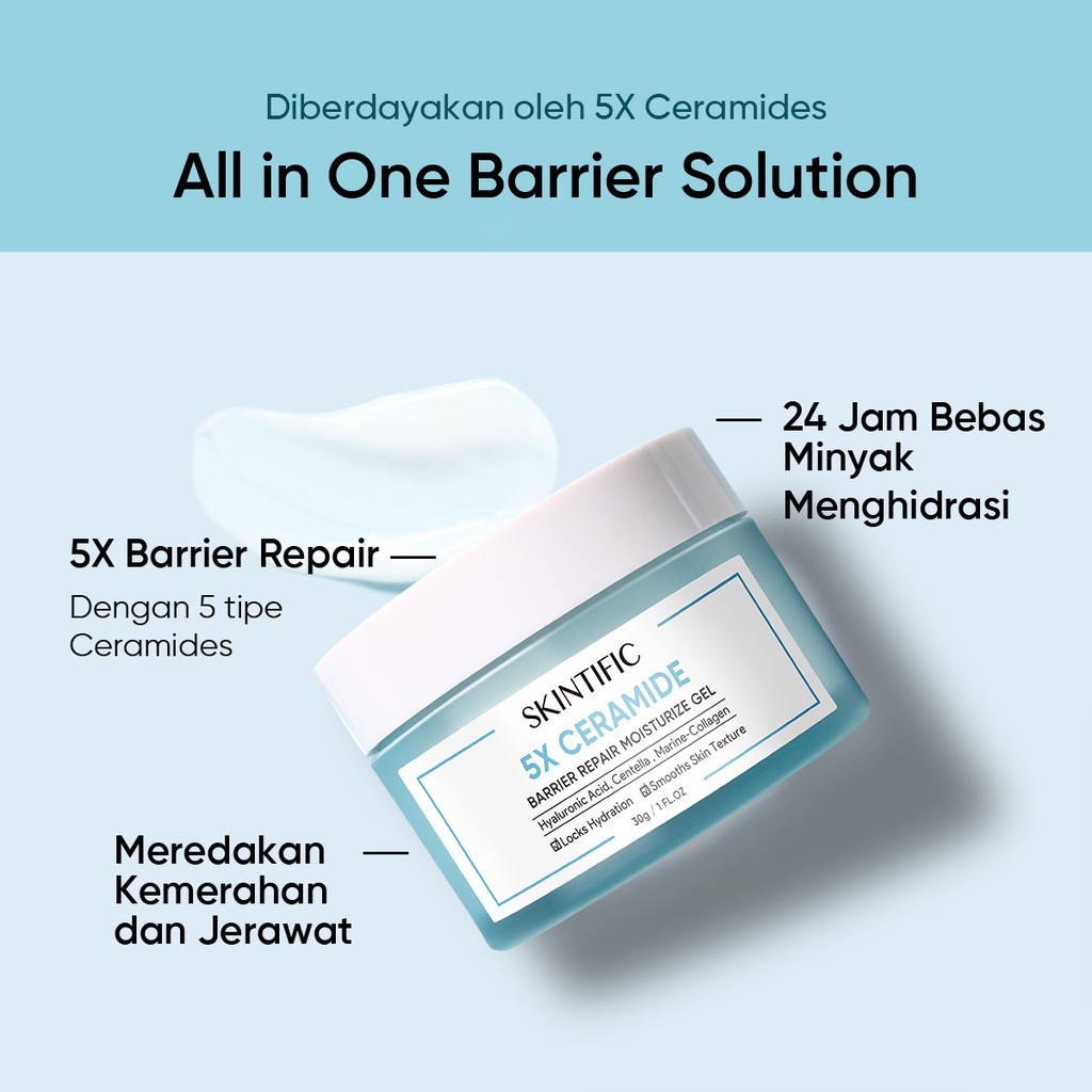 SKINTIFIC - 5X Ceramide Barrier Repair Moisture Gel 30G Pelembab Wajah &amp; 2% Salicylic Acid Anti Acne Serum 【BPOM】