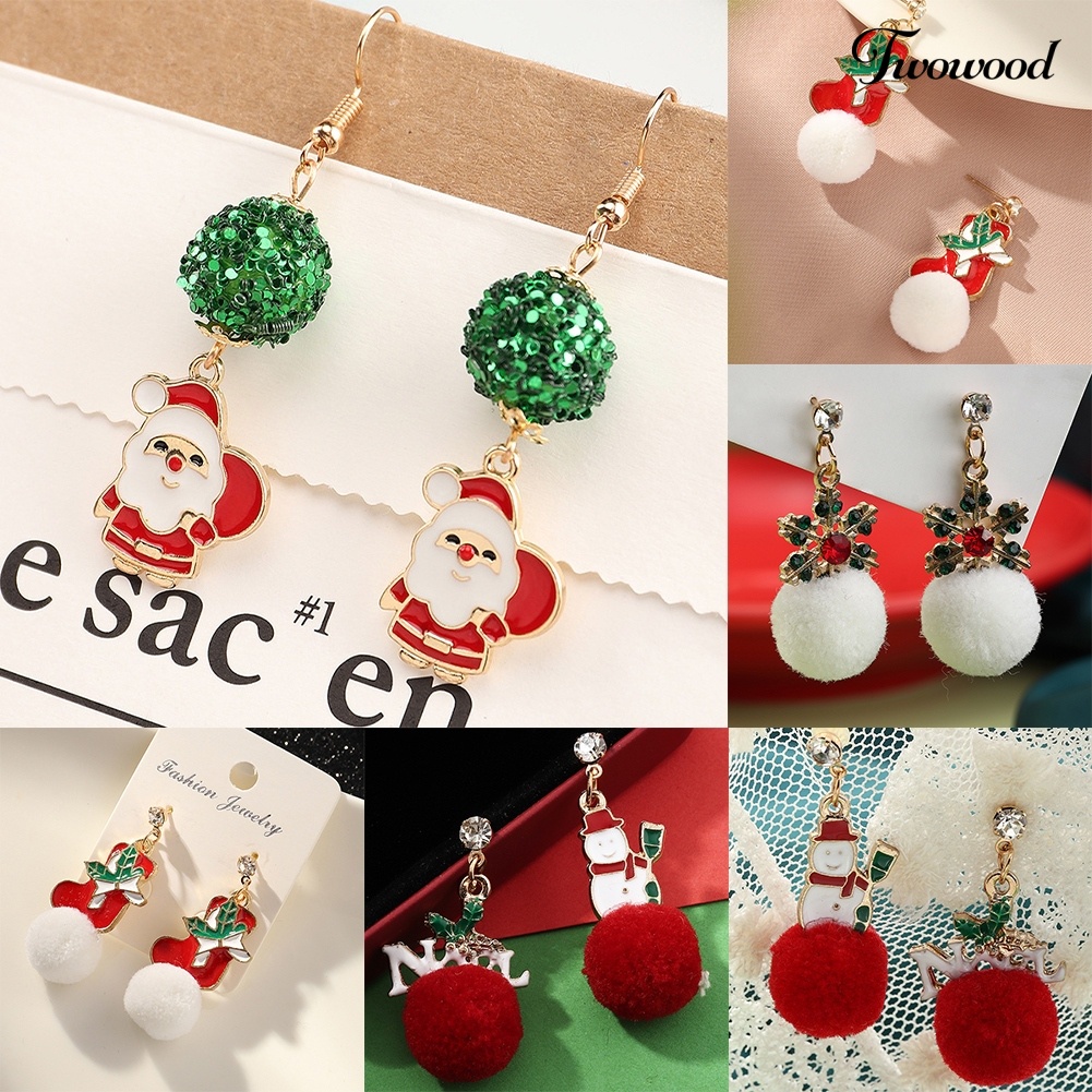 Anting Hook Bentuk Bola Bulu Santa Claus Snowflake Untuk Wanita