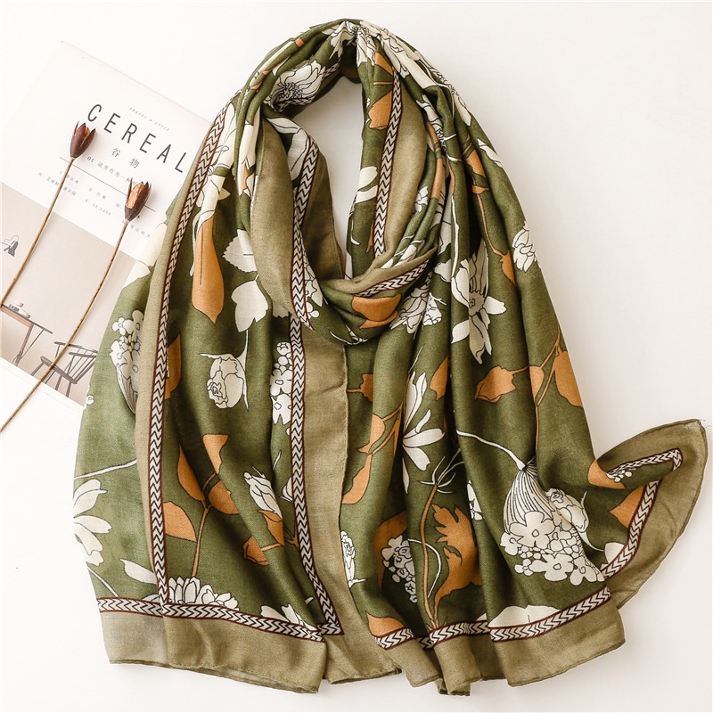 ITSFRIDAY KALLEN In GREEN Scarf - Premium Pashmina Shawl Selendang Syal Pasmina Hijab Import Motif Etnik Flower Army Green