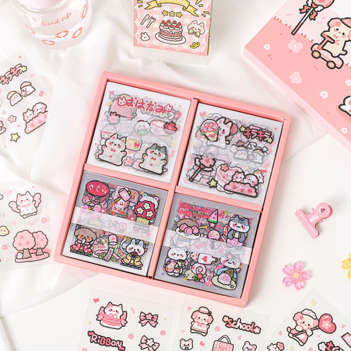 

100 Lembar Stiker Pink Sakura Cat Waterproof Pvc Sticker Scrapbook 033