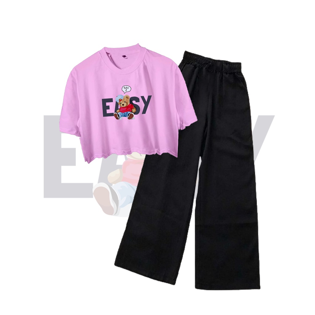 CLSTORE SETELAN BAJU REMAJA USIA 9-16 TAHUN KAOS CROP OVERSIZE DAN CELANA KULOT BEAR SERIES-1