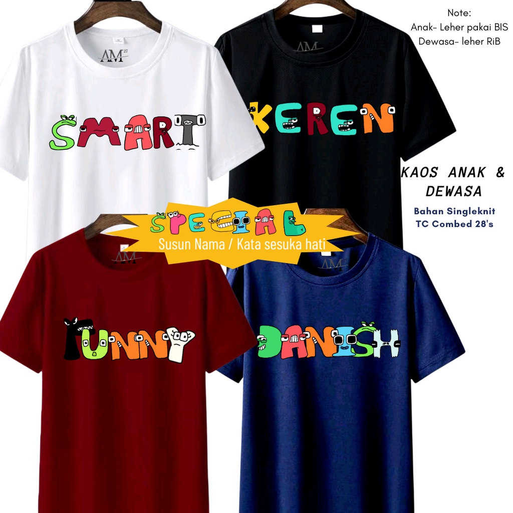 CUSTOM NAMA dengan Huruf Alphabet Lore - KAOS Anak 1 tahun sampai Dewasa Jumbo 3-6H