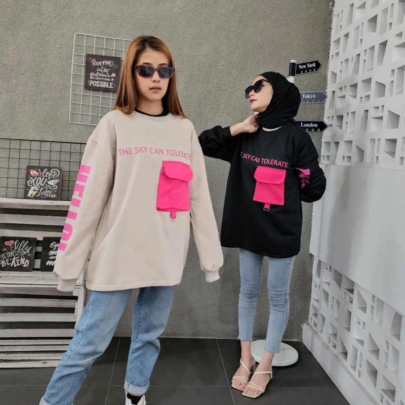 Sweater wanita HELLO POCKY PINK OVERSIZE  Sweater wanita pocket baju wanita Fleece atasan wanita Korea style