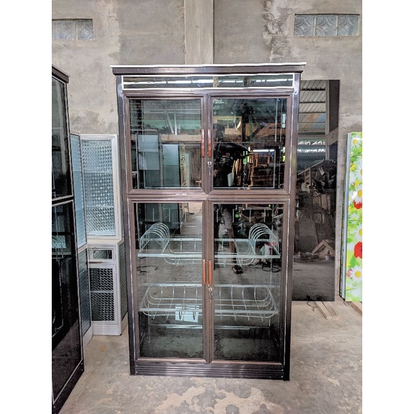 Almari Rak Piring bahan Kaca Full Riben pintu 2 Rangka Besar Jumbo Warna Hitam Lemari serbaguan Temp
