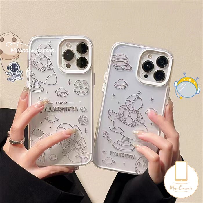 3 in 1 Soft Case Transparan Motif Kartun Astronot Luar Angkasa Untuk IPhone 11 Pro Max 7Plus 8Plus 12 14 13 Pro Max XR 14 Plus 7 8 Plus X XS Max SE 2020