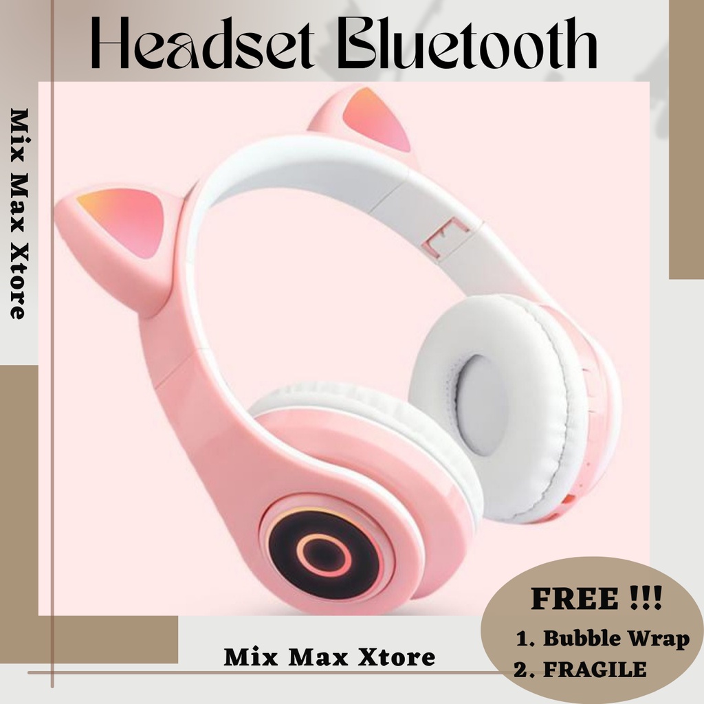 Headphone Bluetooth Headset Kucing Headphone kucing Cat Ear Headphone Telinga Kucing - Pink