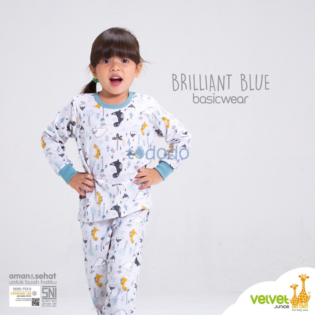 Baju Bayi Setelan Anak Kancing Pundak Lengan Panjang Celana Panjang Velvet Junior BasicWear Brilliant Blue 1pcs