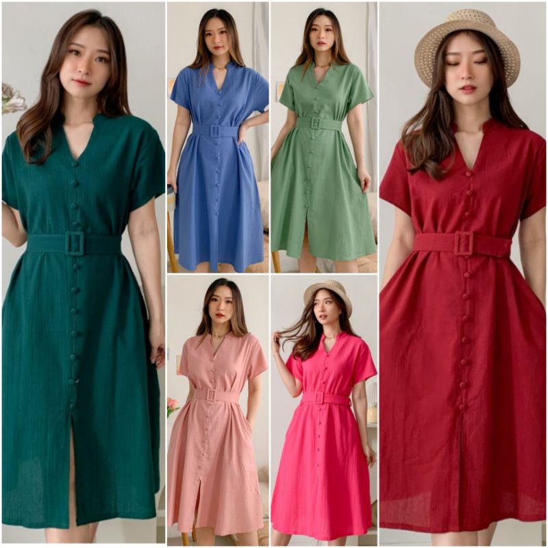 ♡ PREMIUM ♡ ORIGINAL ! VIOLA V-NECK CRINKLE FLOWERY BUTTON MIDI DRESS WITH BELT