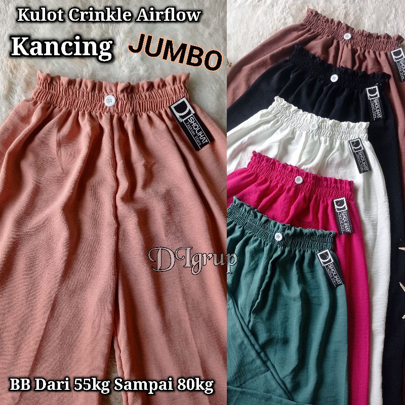 Kulot Crinkle Airflow Model Kancing Ukuran Jumbo Untuk Maksimal Bb 80kg / Celana Panjang Kulot Wanita Polos Hw High Waist Size Xxl Xl Bahan Katun Crinkle Airflow Premium Import Panjang Celana 95cm 100cm / Grefata