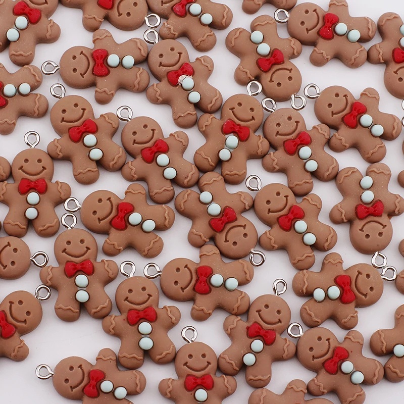 10pcs Liontin Bentuk Gingerbread Man Santa Claus Bahan Resin Untuk Membuat Perhiasan Anting Gelang Gantungan Kunci