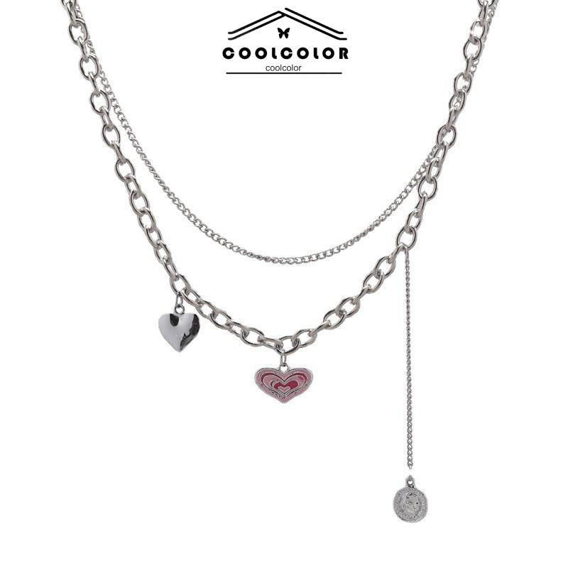 COD❤️Kalung Korea Cinta Rantai Klavikula Kepribadian Hip Hop Bertumpuk Lapisan Ganda Wanita Hip Hop Anti Karat Dan Luntur Mewah Multi-layer Retro Murah Import