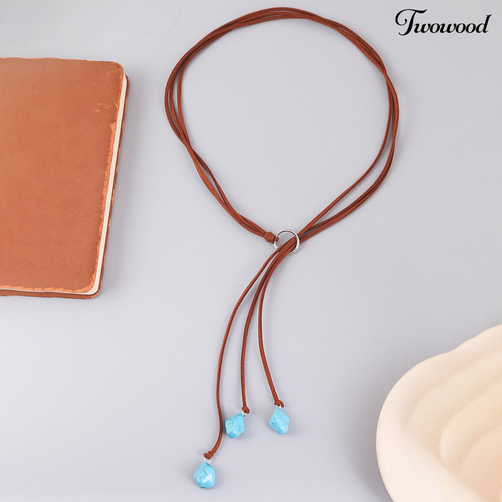 Kalung Tali Suede Adjustable Dengan Liontin Turquoise Gaya Bohemian Untuk Wanita