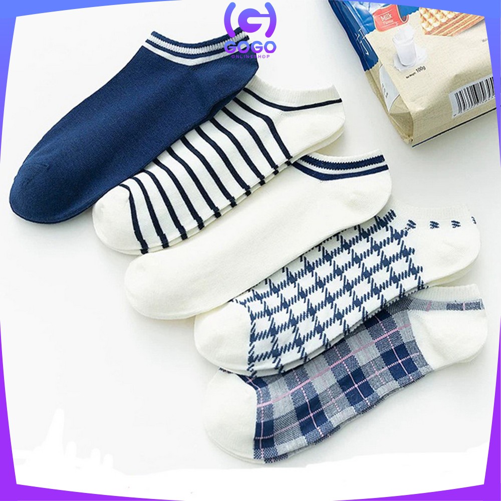 GOGO-P187 Kaos Kaki Pendek Wanita Motif Kotak Biru / Kaus Kaki Pendek Wanita Dewasa / Ankle Sock Fashion Korean Style