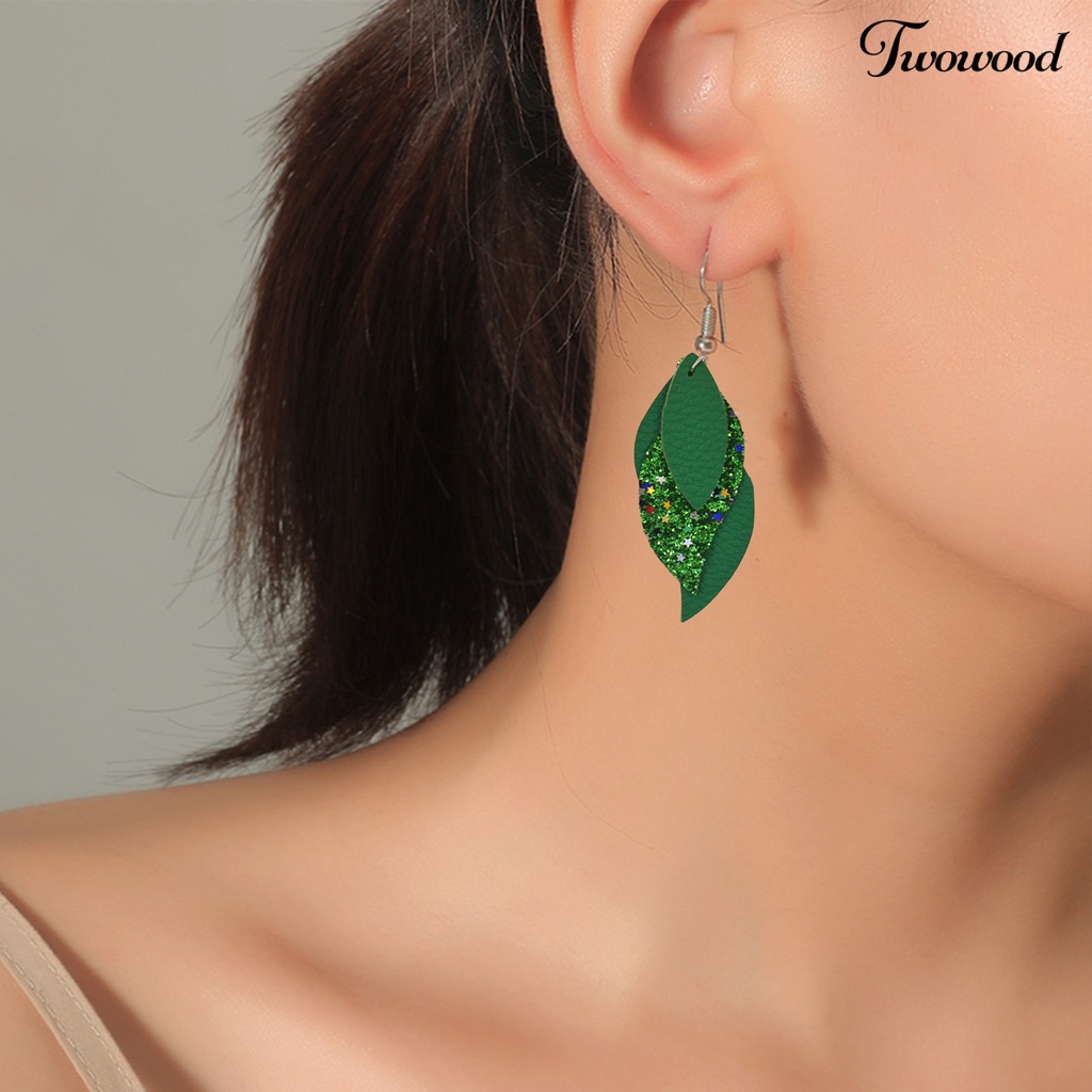 1 Pasang Anting Kait Juntai Bentuk Daun Multi Layer