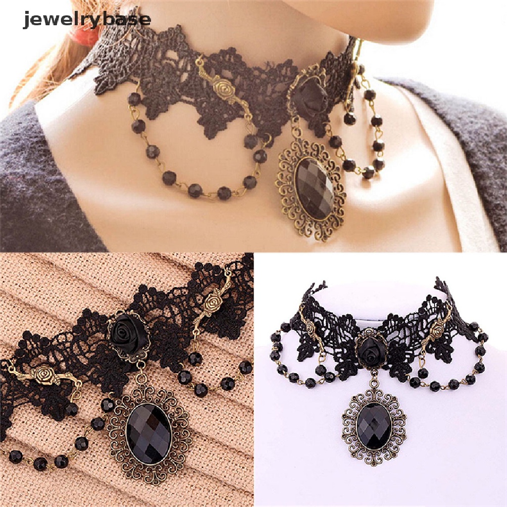 Kalung Choker Rantai Manik-Manik Renda Bunga Mawar Hitam Gaya Gothic Lolita