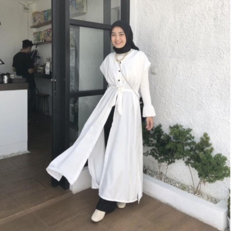 Gamis Store - Laura Long Outer Kondangan Dress Ceruty Polos Premium L Lauren Outer Tunik Ootd Remaja