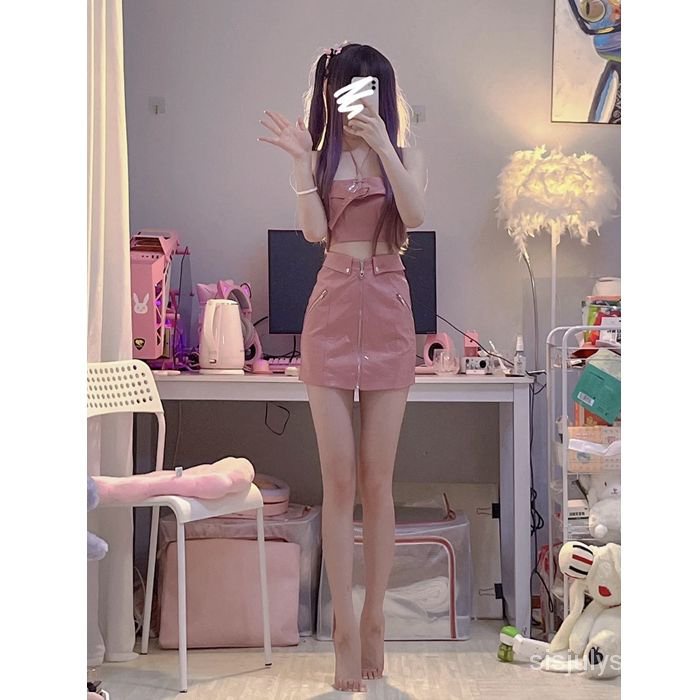 #Sisjuly# [Two Piece Set] Atasan Tank Selubung Pendek Merah Muda Wanita + Rok Kulit Pinggang Pinggul
