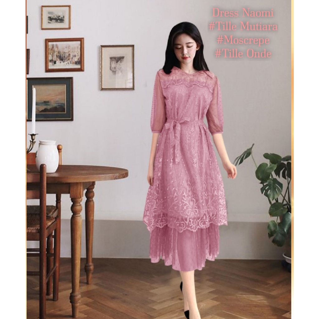 Dress Pesta Midi Wanita Elegan Brokat Tille Mutiara/Dress Naomi Size L/XL Dress Kondangan Remaja Kekinian Viral/Good Quality