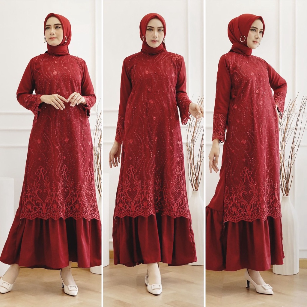 Gamis Pramitha SIZE S M L XL XXL XXXL JUMBO BIGSIZE/  Brukat Tille Maxi Dress Gamis Pesta Rempel Pesta Lebaran Kondangan Tulle Premium !!