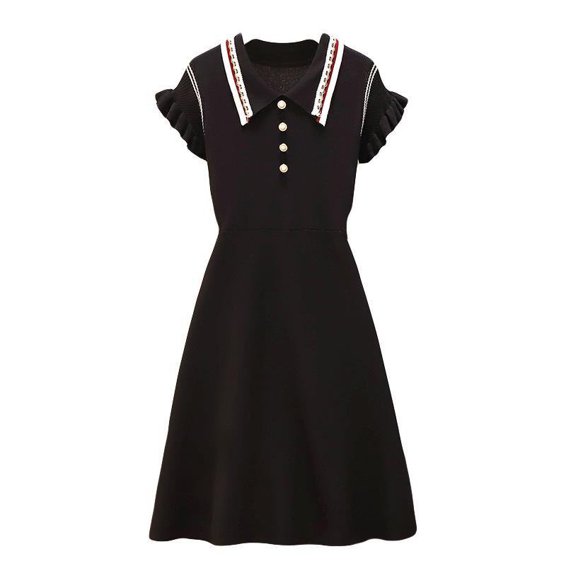 #Sisjuly# Gaun rajutan angin dupa kecil wanita baru ramping A-line dress garis-garis warna tabrakan