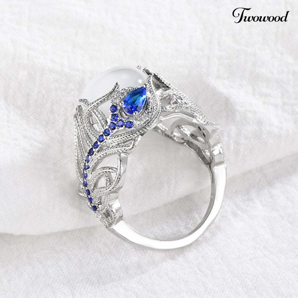 Cincin Jari Bentuk Bulu Merak Aksen Opal Sapphire Imitasi Untuk Wanita