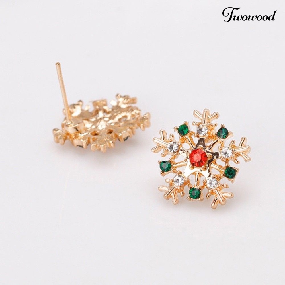 Anting Stud Desain Snowflake Natal Aksen Berlian Imitasi Untuk Wanita