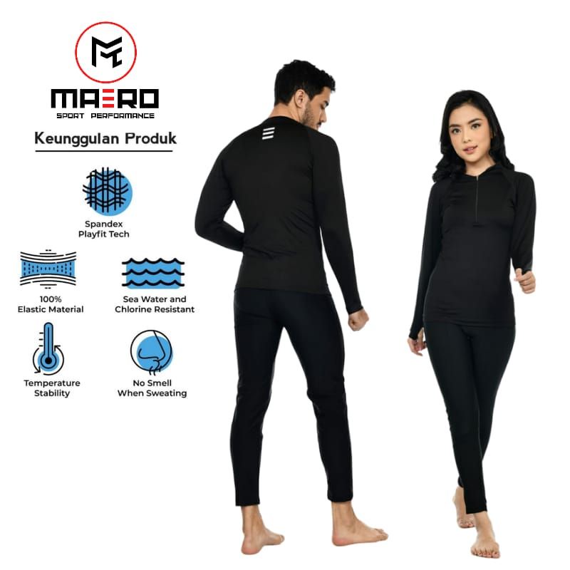 MAERO-BAJU RENANG SETELAN PANJANG UNISEX BLACK PRO PLAIN CODE SETZIP02