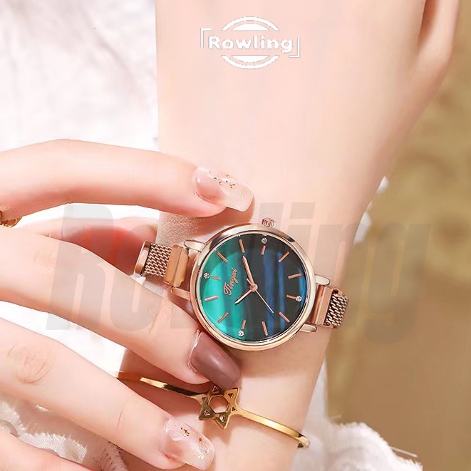 Rowling (Jam-66) Jam Tangan Analog Bulat Strap Stainless Steel  Gesper Magnet Untuk Wanita Import TANPA ACCESORIS