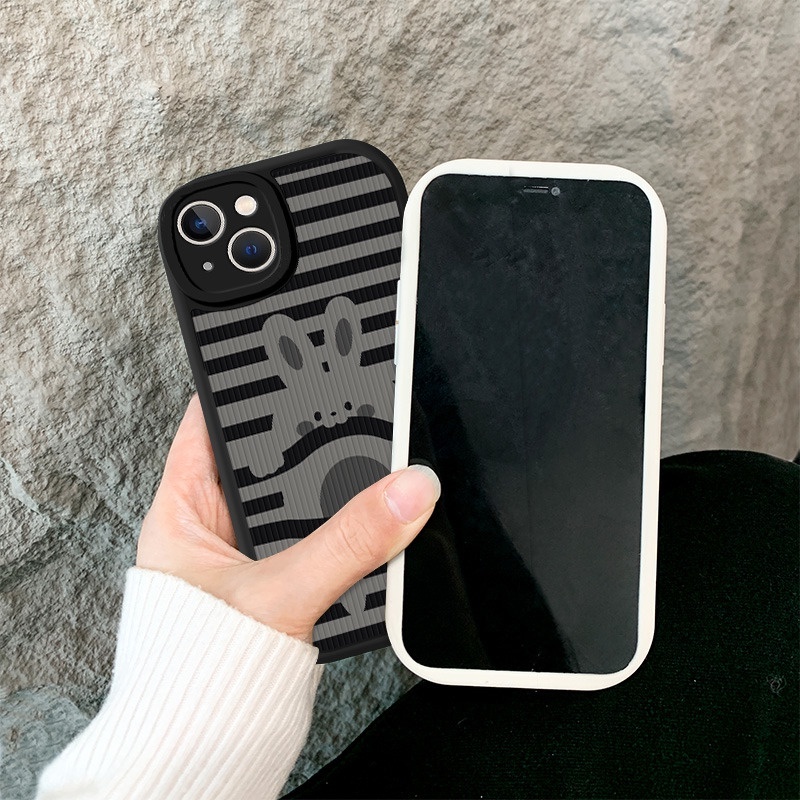 Case Motif Print Kelinci Garis Gelap Untuk IPhone 12 13 14 11 Pro Max X Xs Max Xr Prtfg