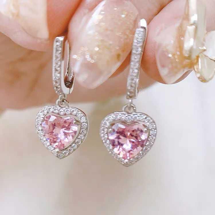 Barbie Anting 925 Silver Shiny Pink Cubic Zirconia Bentuk Hati Untuk Wanita