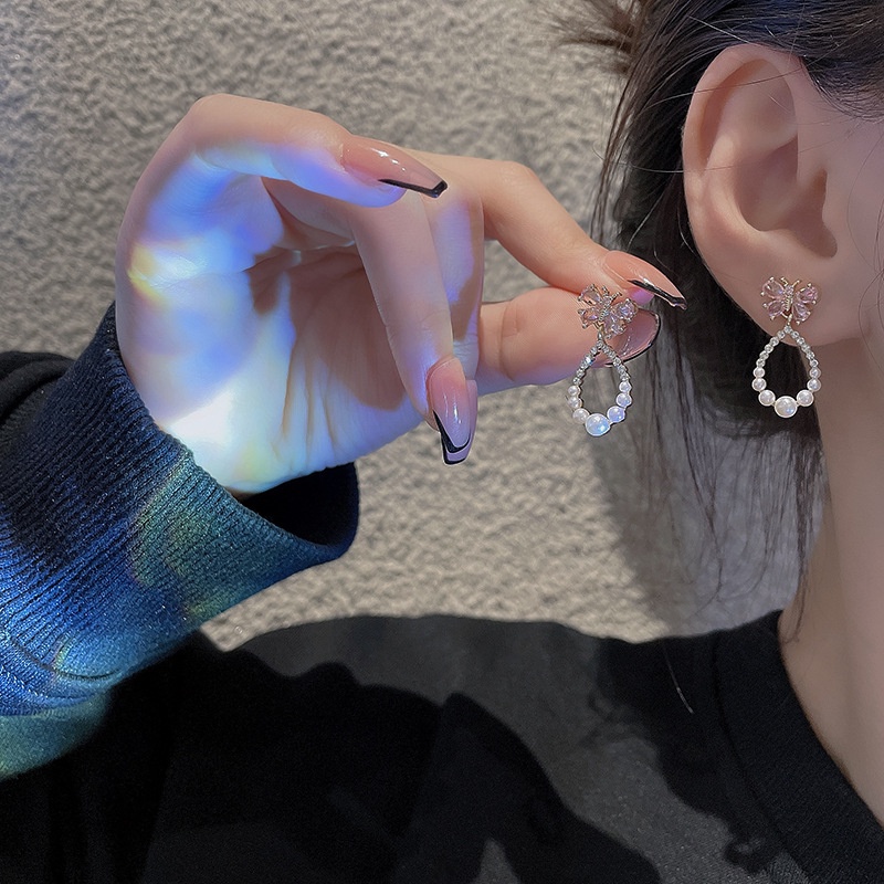 Anting Tusuk Gantung Sterling silver 925 Desain Kupu-Kupu Hias Zircon + Mutiara Untuk Wanita