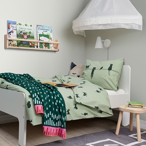 BARNDROM Sarung duvet 150x200 cm dan sarung bantal 50x80 cm, motif kucing hijau