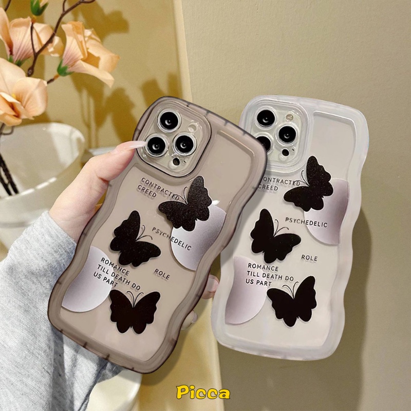 Fashion Art Black Butterfly Case Untuk Samsung A04s A14 A12 A50 A32 A53 A23 A13 A22 A52 A03s A52s A33 A50s A02s A21s A30s A20 A51 A03 A11 M22 M12 A31 M32 F22 Wavy Edge Soft Cover