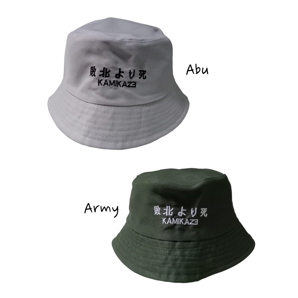 Bucket Hat Bordir Kamikaze Unisex Bahan Cotton Drill Kualitas Premium