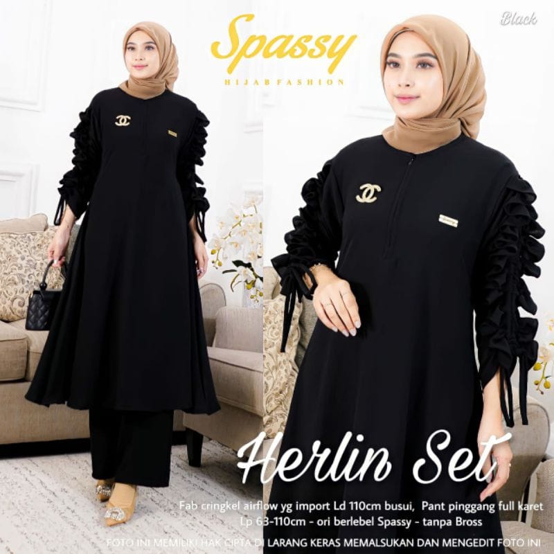 Setelan Wanita Terbaru Herlin Set Baju Putih Long Tunik Muslim Celana Panjang One Set Wanita Kekinian Matt Cringkle AirFlow