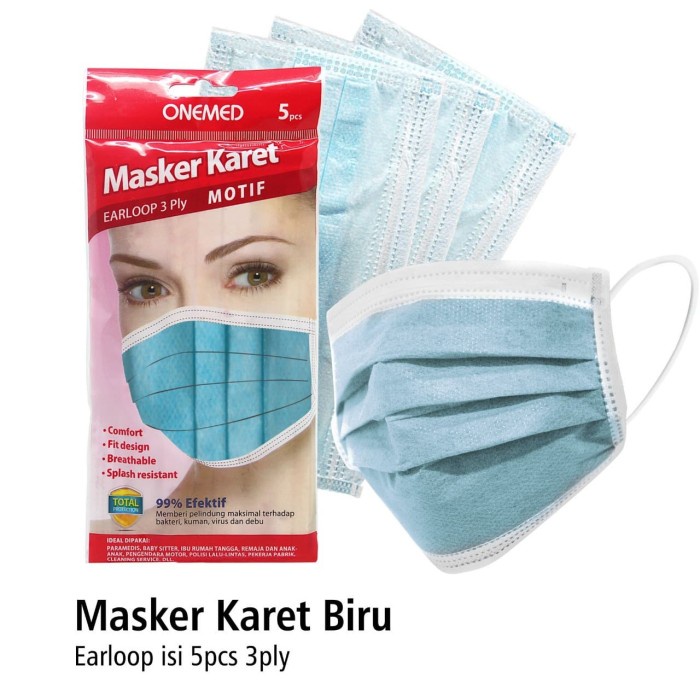 ONEMED MASKER BEDAH KARET EARLOOP 3 PLY ECER/ MASKER MEDIS ISI 5 PER SACHET ORIGINAL | DEWASA DAN ANAK