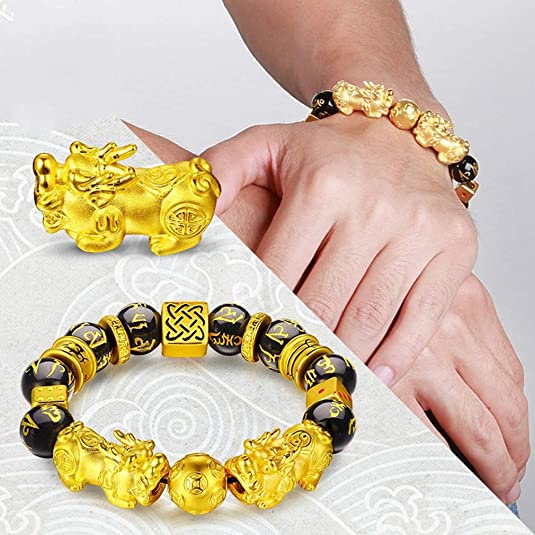 Gelang Tangan Pria / Wanita Manik Batu Obsidian Hitam Gaya Feng Shui Buddha