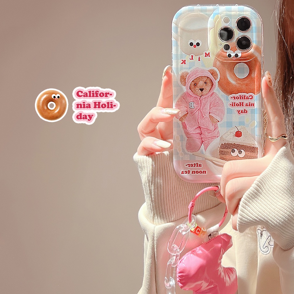 Ins Soft Case Silikon Motif Kartun Beruang Pink Dengan Rantai Untuk Iphone 14 11 12 13 PRO MAX