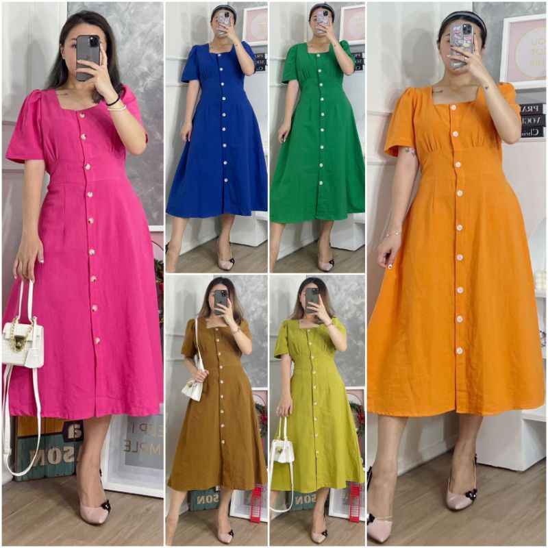 ❣️ SPECIAL PRICE ♡ PREMIUM ♡ ORIGINAL ! JUANITA VINTAGE PLAIN SQUARE NECK BUTTON MIDI DRESS ( BUSUI FRIENDLY )