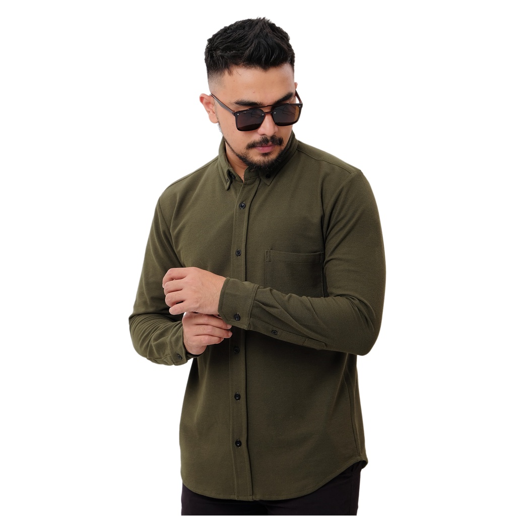 Premium Kemeja Polo Pique Panjang Casual Slimfit Army